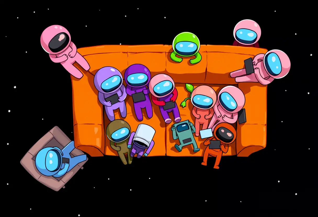 Colorful cartoon astronauts relaxing on a couch in space
