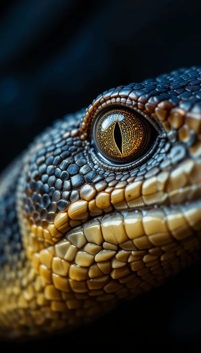 Dramatic close up of a snake eye and detailed scales
