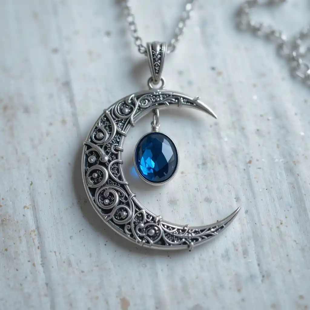Silver crescent moon necklace with blue gemstone close up