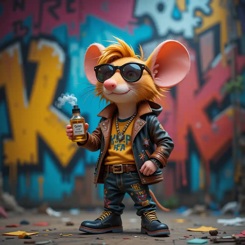Stylischer Cartoon-Maus-Graffiti-Künstler mit farbenfrohem Punk-Vibe