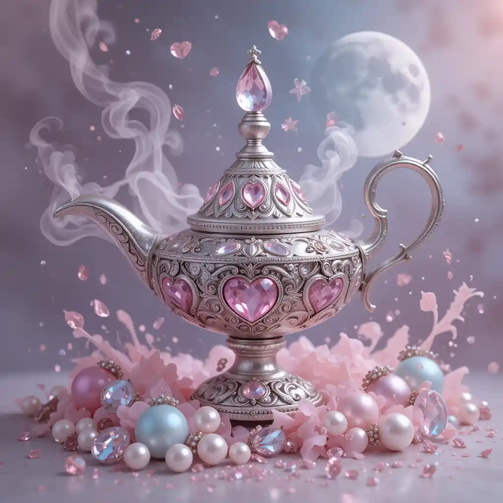 Silver genie lamp with pink gems and glitter details
