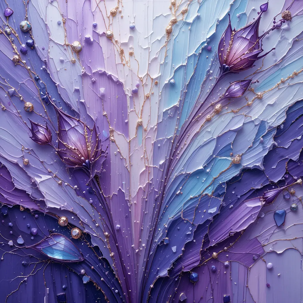 Purple abstract crystal painting with expressive textured florals