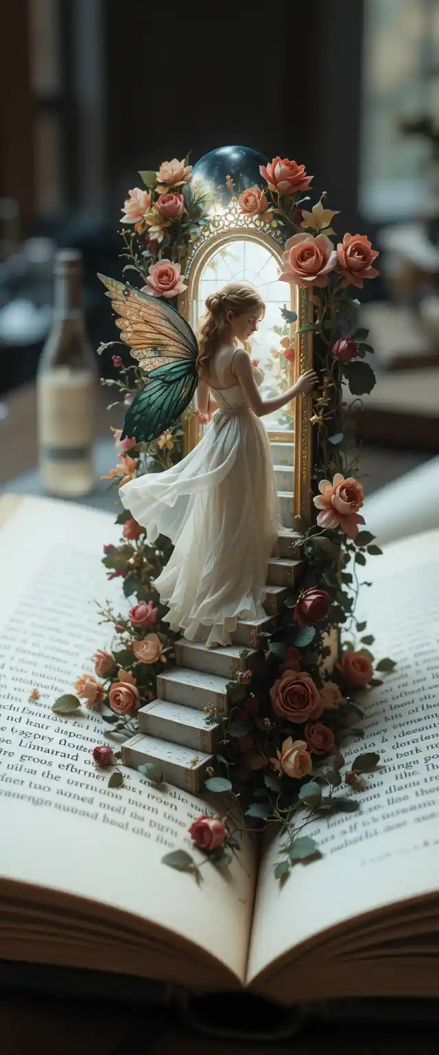 Art nouveau girl portrait inside an open fairy tale book