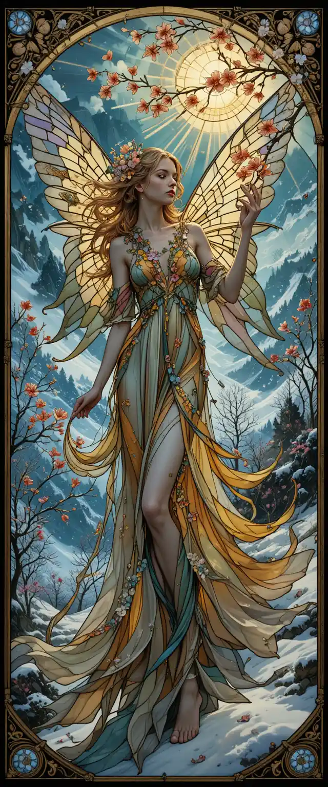 Art nouveau fairy bringing spring to a winter valley