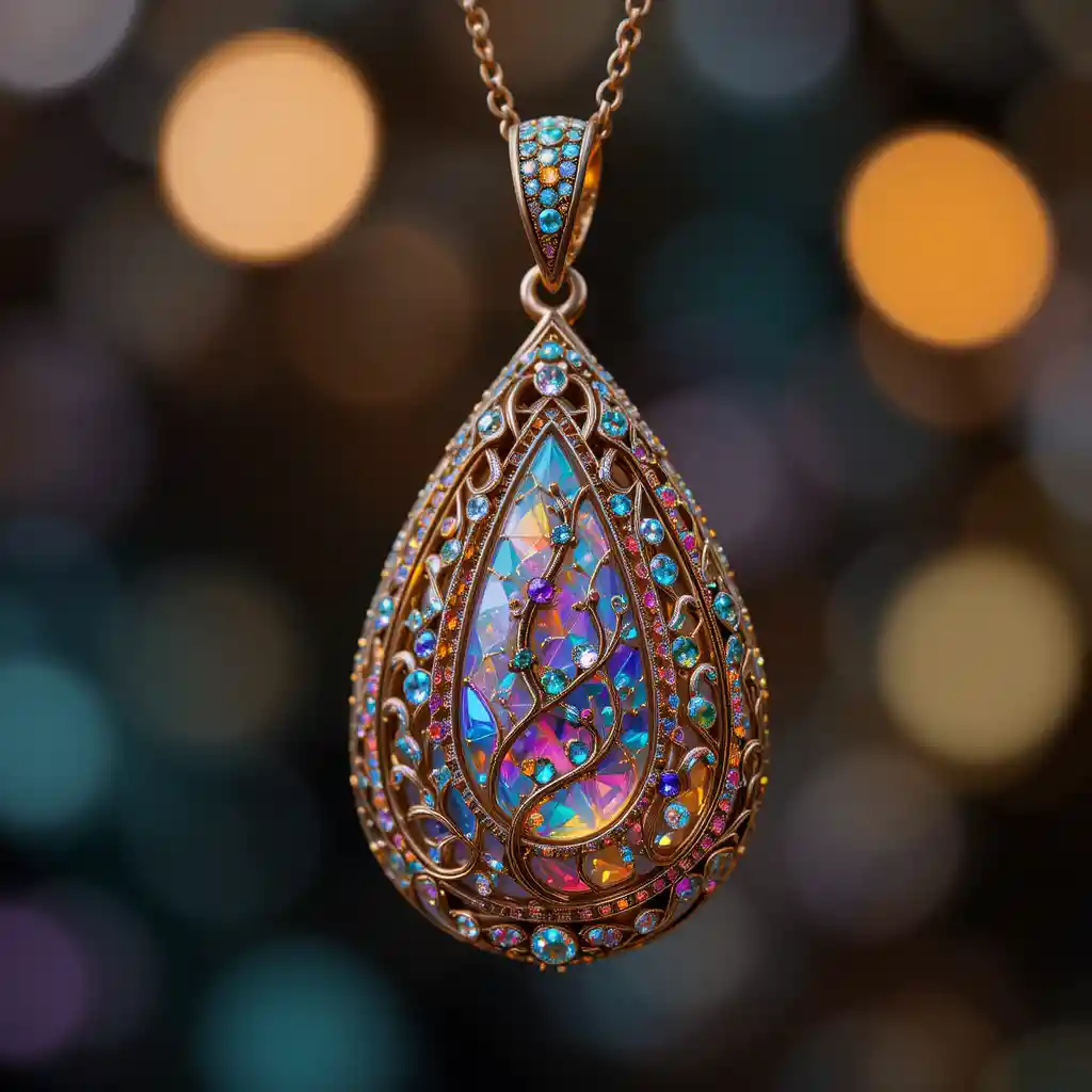 Close up of jeweled teardrop pendant with warm light