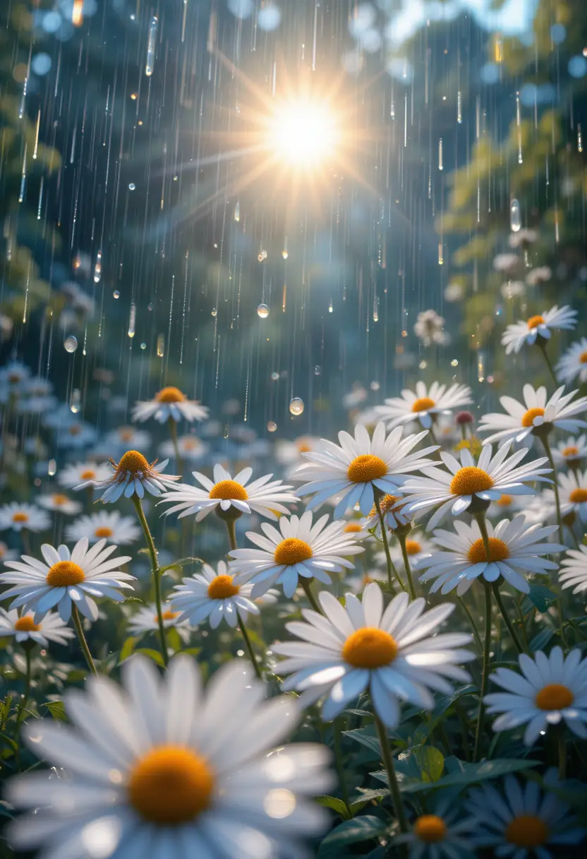 Sunlit chamomile flowers with sparkling raindrops in garden