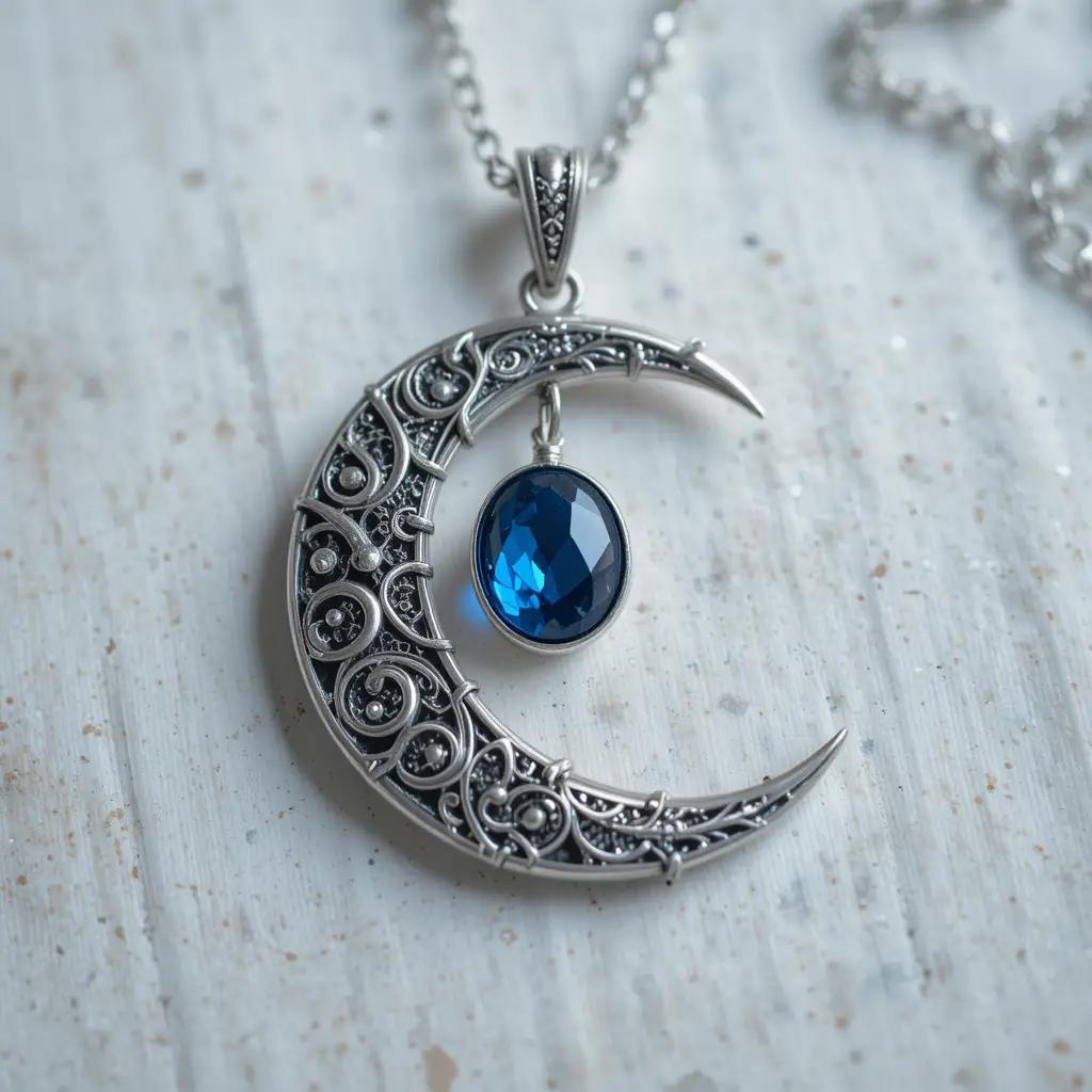 Silver crescent moon necklace with blue gemstone close up