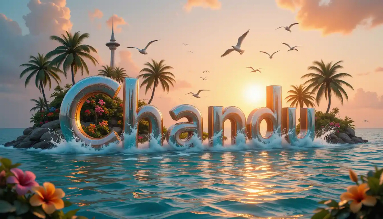 Tropical island with glowing 3d letters in turquoise water