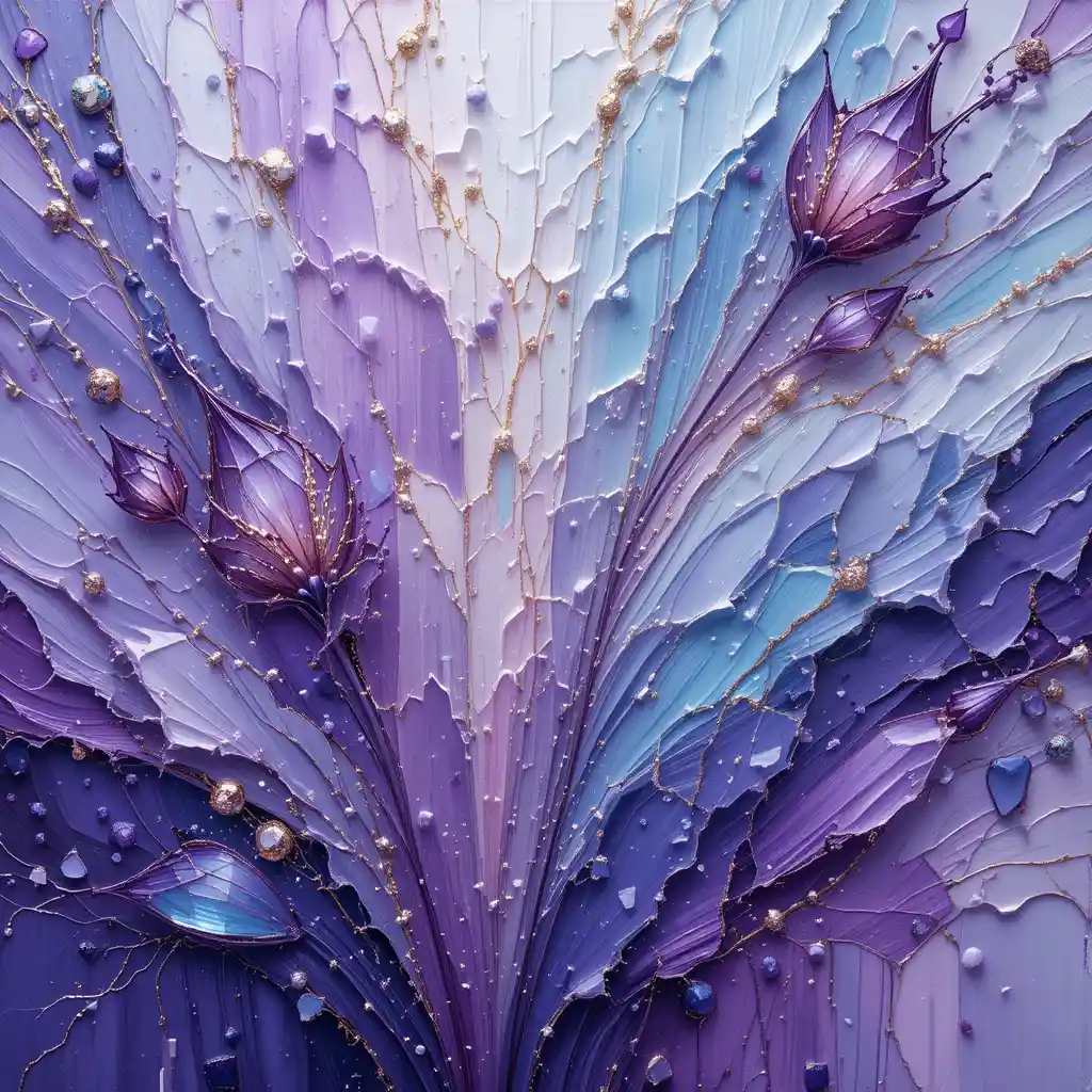 Purple abstract crystal painting with expressive textured florals