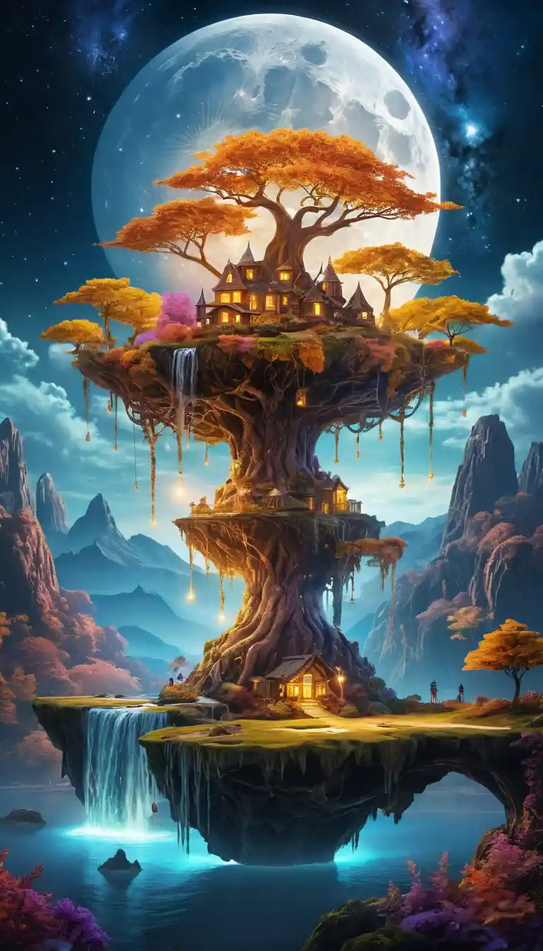 Glowing Tree On Floating Island In Cosmic Sky