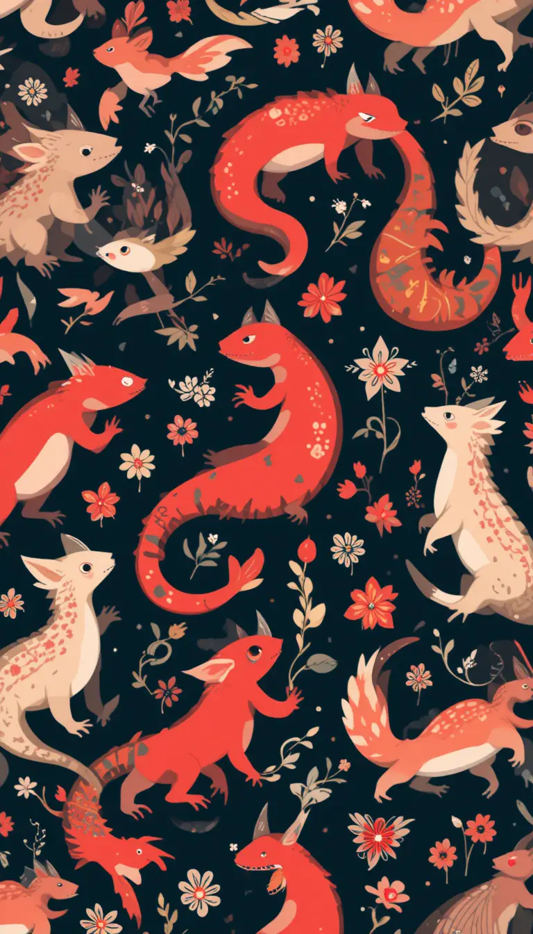 Whimsical fantasy animals in bold red pattern illustration