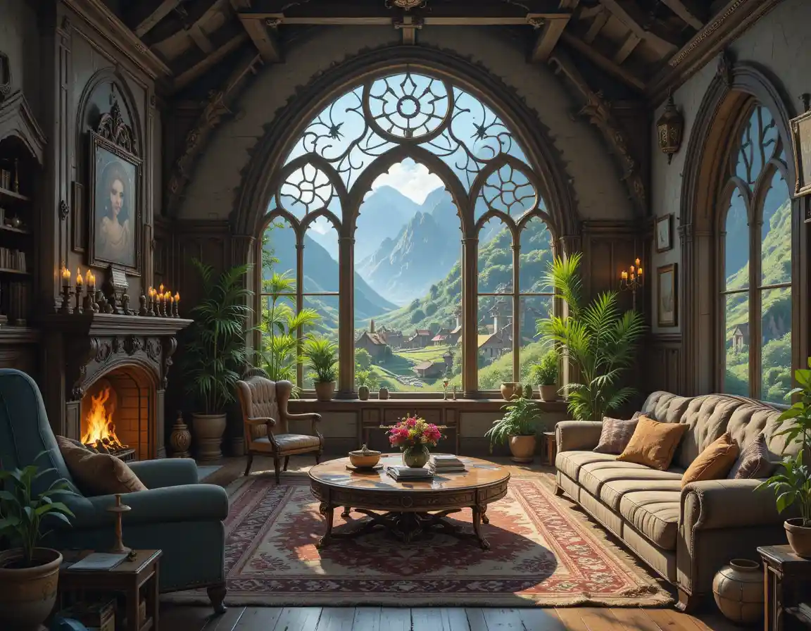 Elven style living room with mountain village view