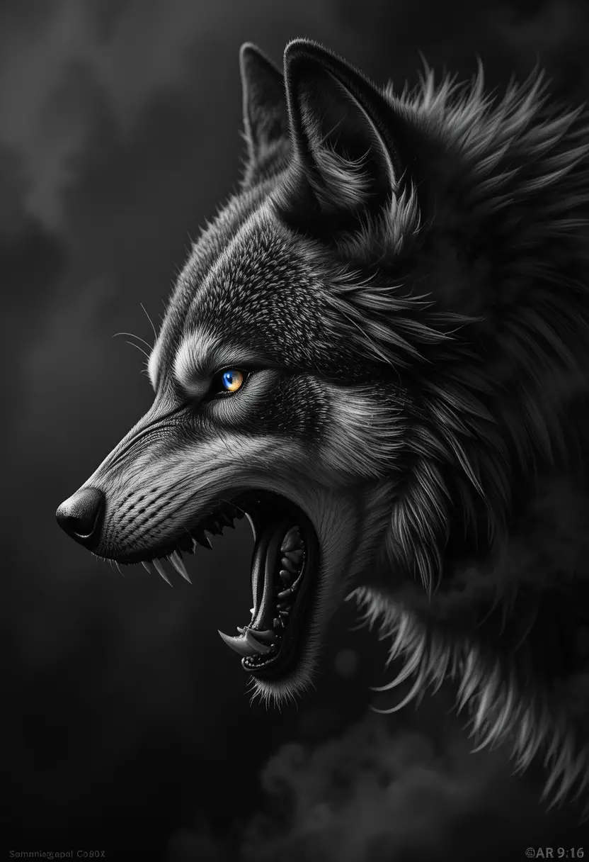 Snarling wolf profile with glowing eyes in smoke
