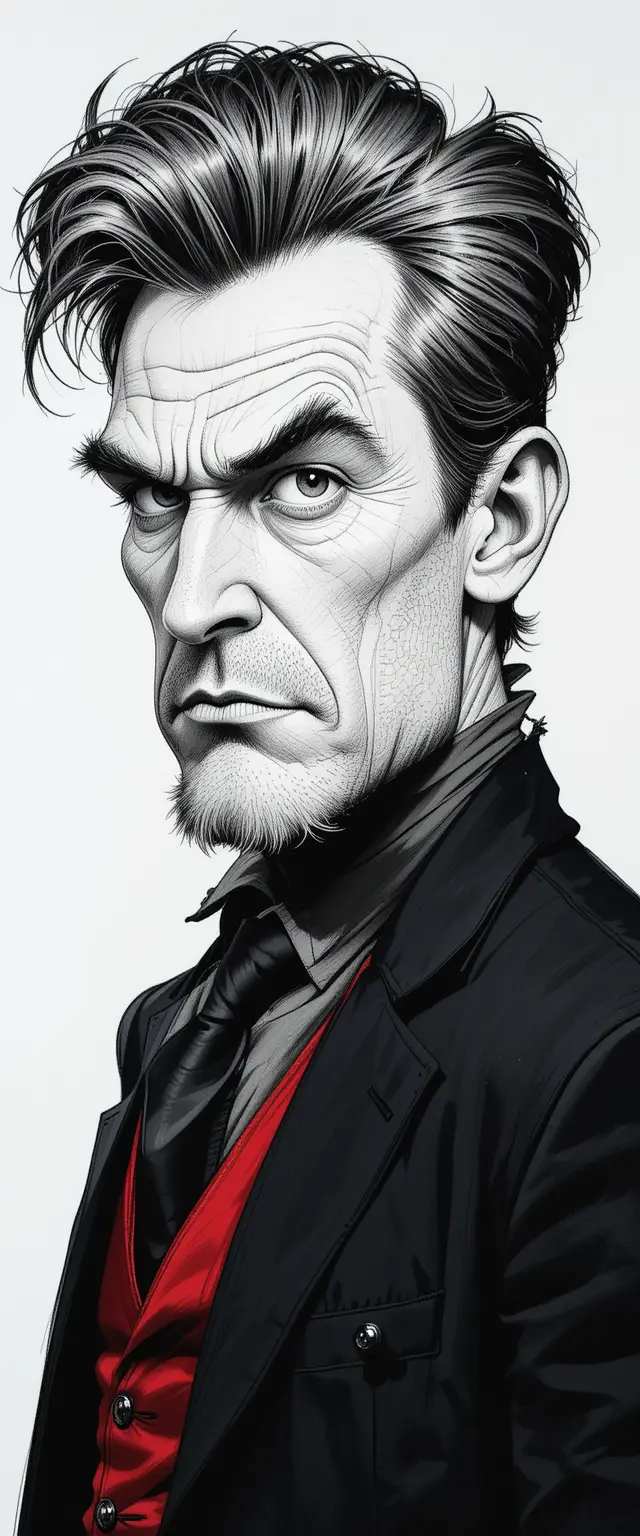 Serious pencil caricature of a man in dark suit