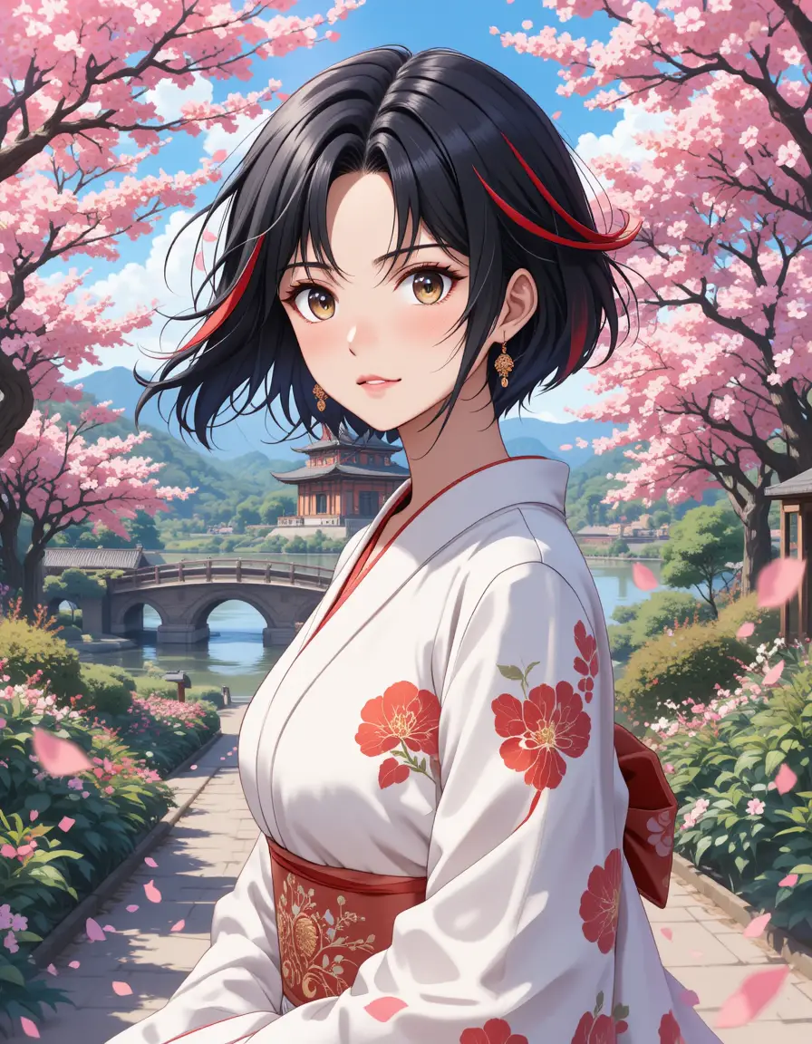 Anime girl in kimono walking through cherry blossom garden
