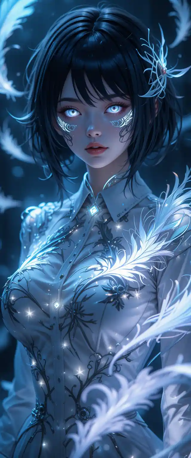 Ethereal anime woman with glowing eyes in darkness