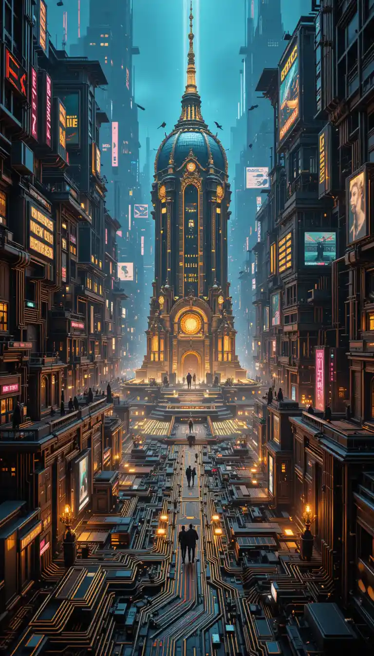Cyberpunk motherboard city with neon circuits and towers