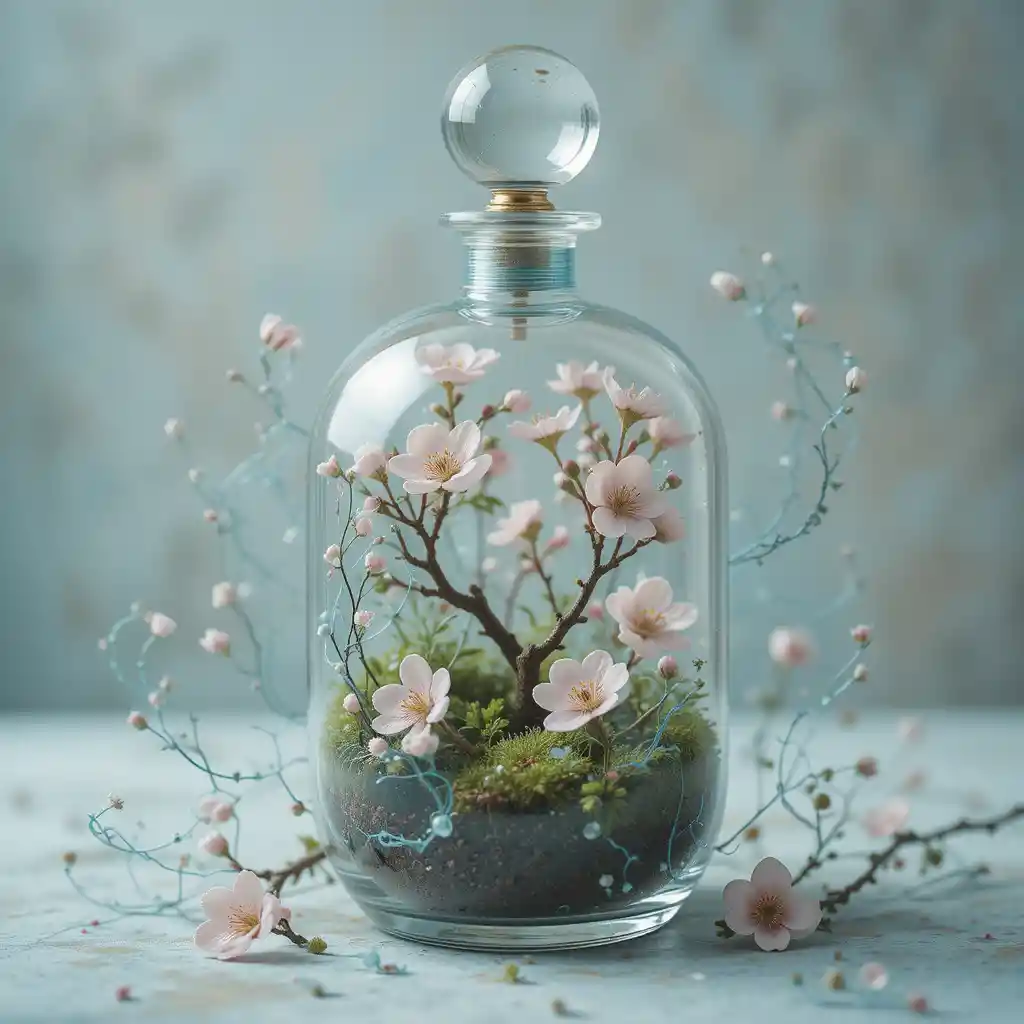 Nature morte florale éthérée dans un terrarium en verre