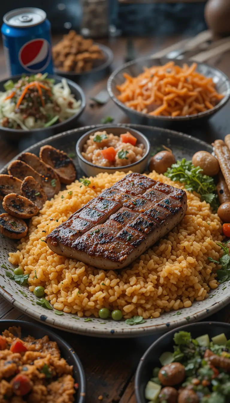Grilled Meat Plate With Rice Salad And Pepsi Drink