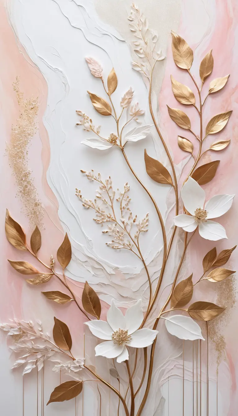 Abstract botanical art with white and gold organic forms