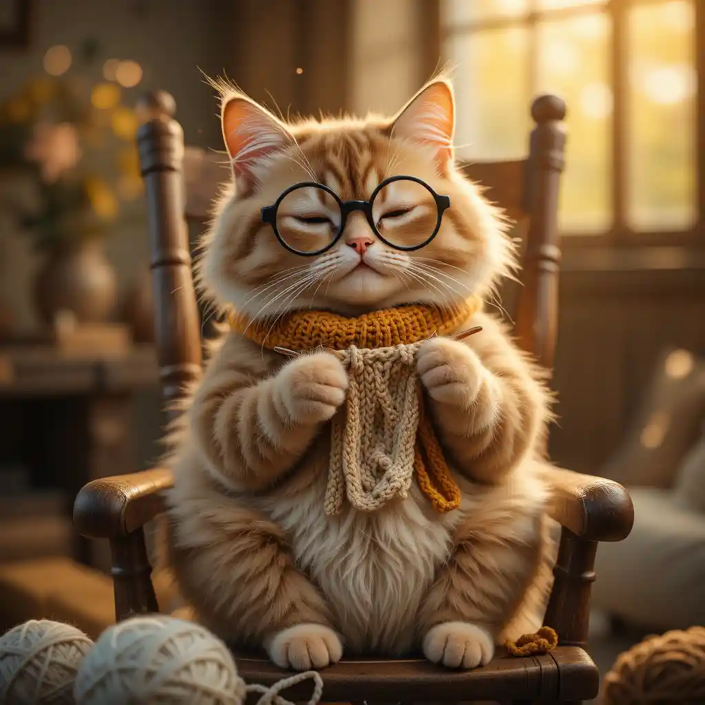Adorable cat knitting in a cozy wooden rocking chair