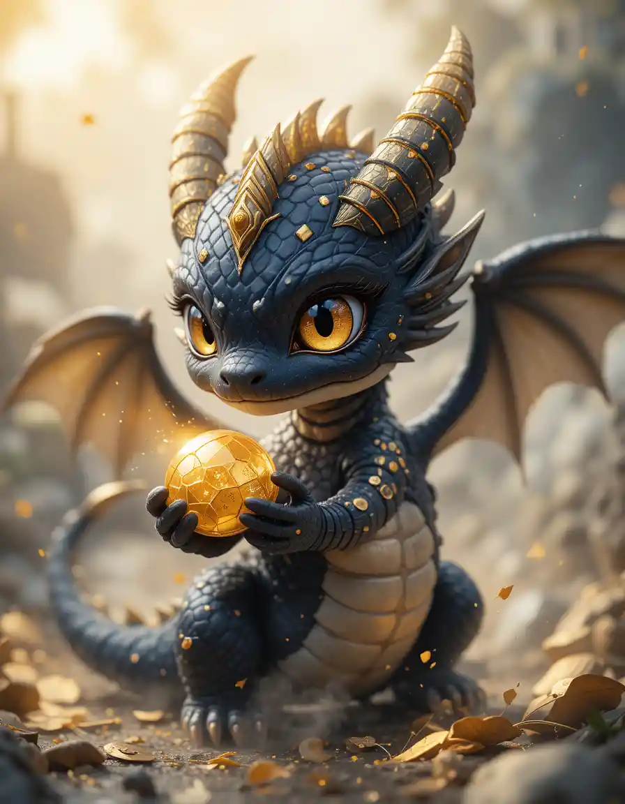 Cute black dragon in detailed anime illustration
