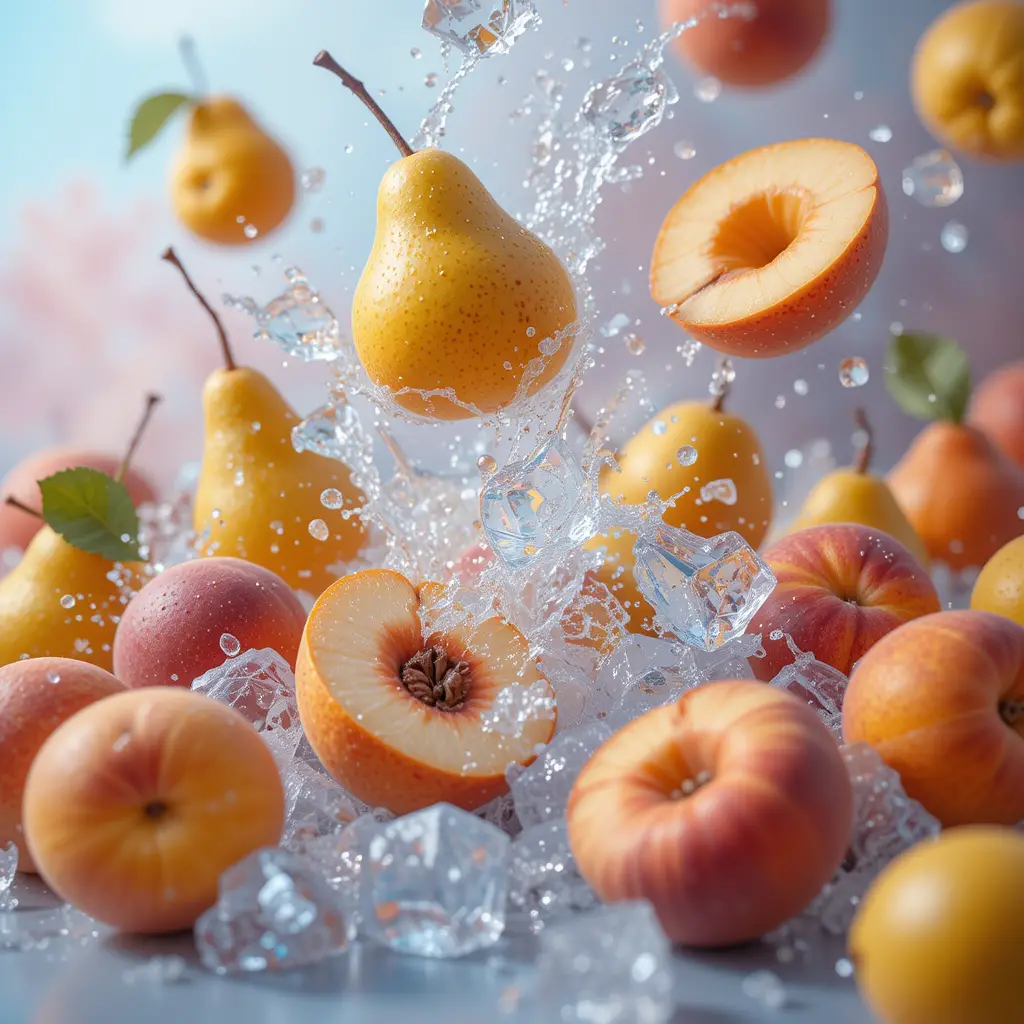 Fresh pears and peaches with ice water splash illustration