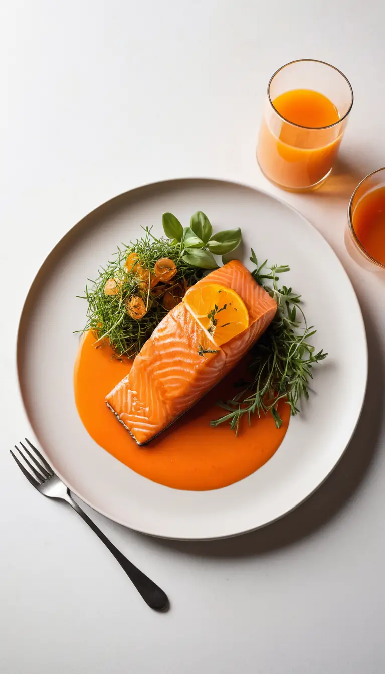 Elegant salmon dish on white plate with orange drink