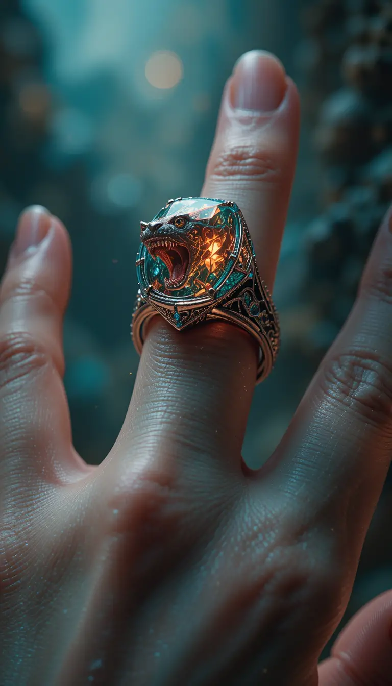 Surreal macro view of a diamond ring with trapped beast