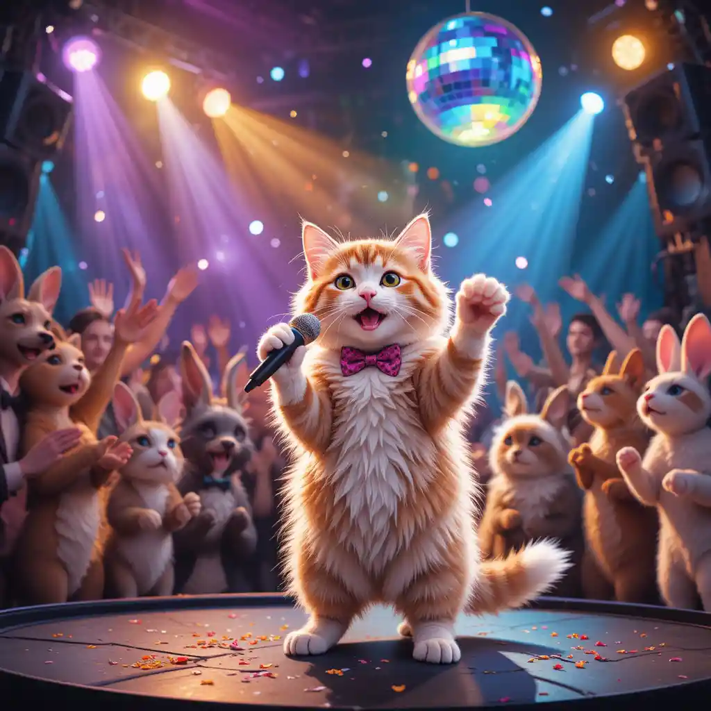 Cute cat singer performing on a colorful party stage
