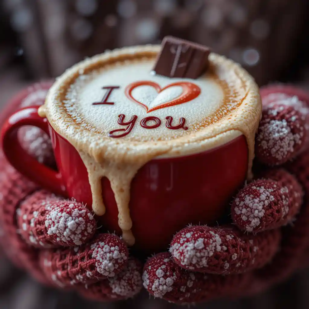 Primo piano romantico di tazza da caffè rossa e cioccolato