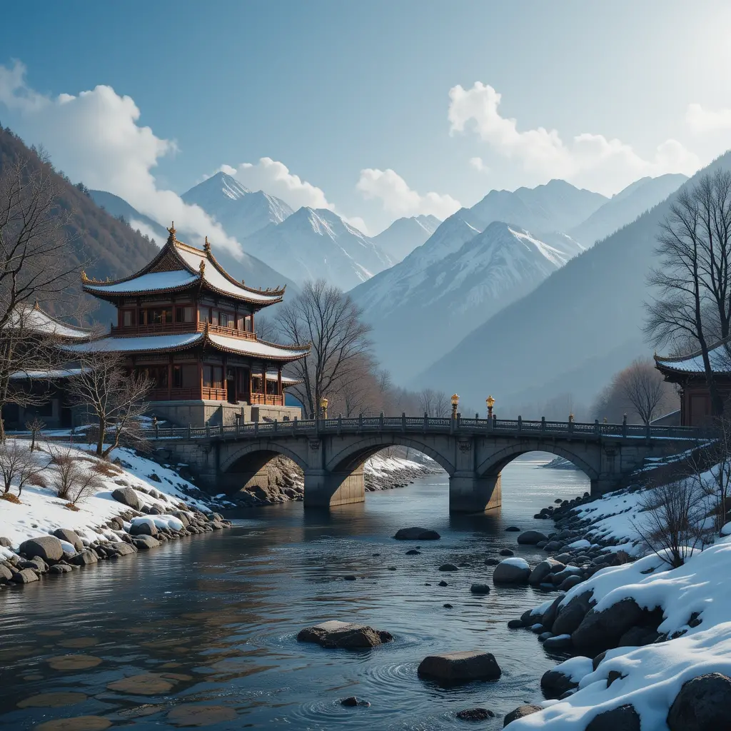 Río de montaña nevado con templo chino y puente