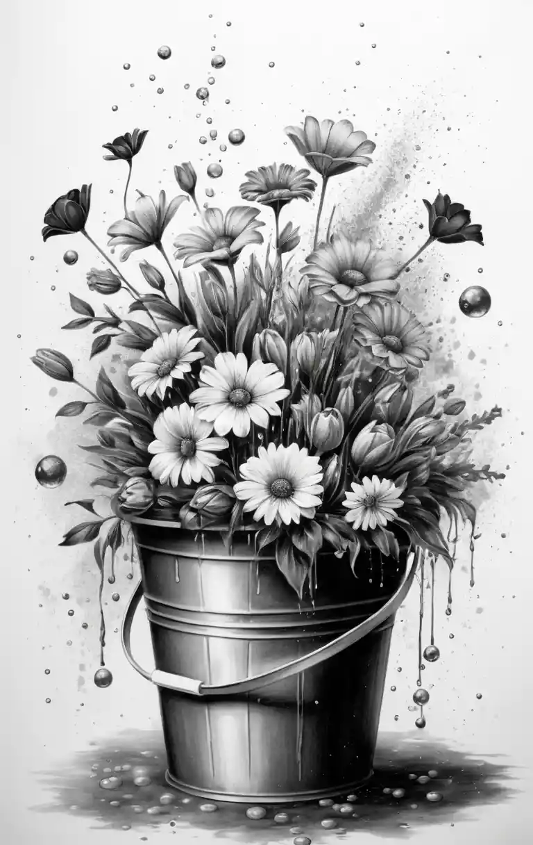 Flower bouquet in enamel bucket with swirling paint