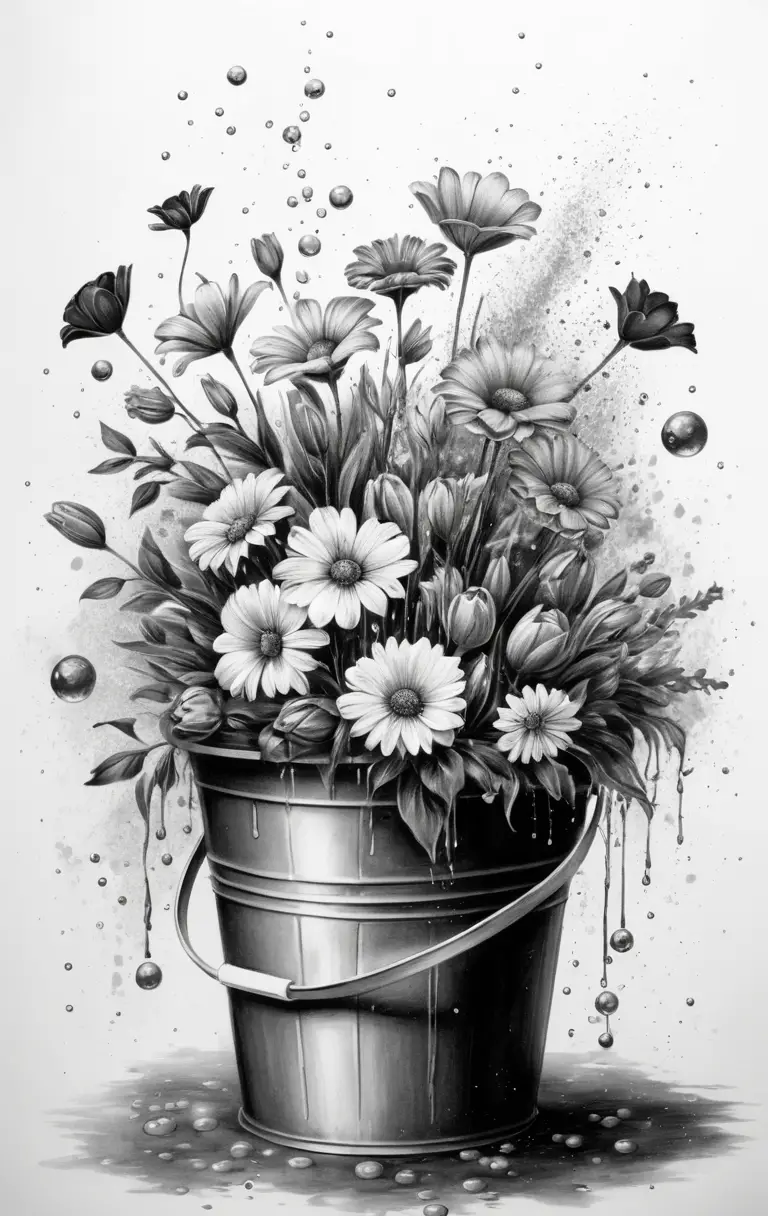 Flower bouquet in enamel bucket with swirling paint