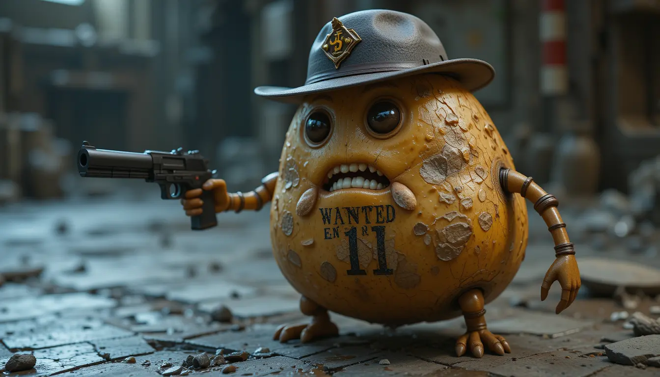 Wanted poster of a armed potato monster criminal