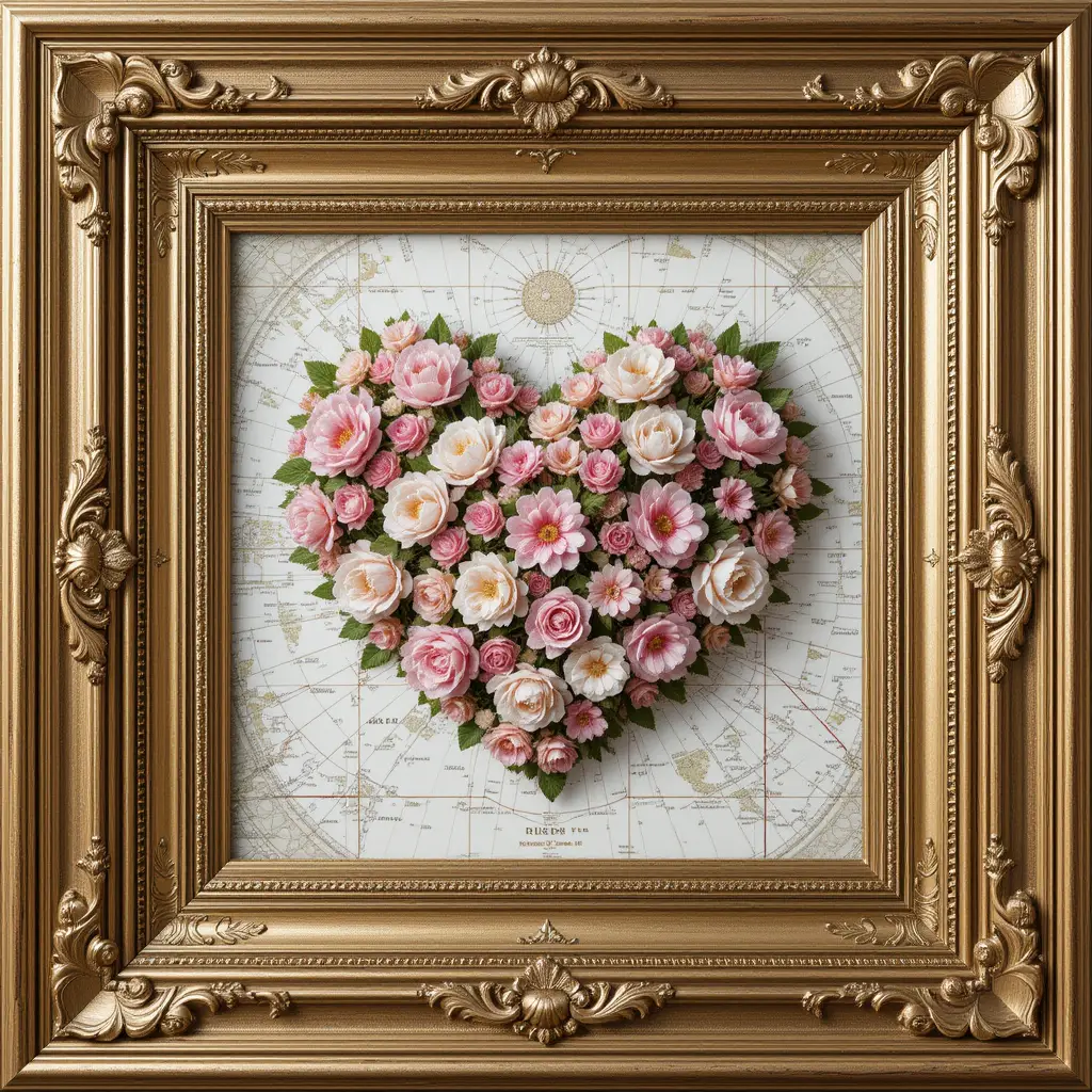 Floral heart artwork in ornate square gold frame