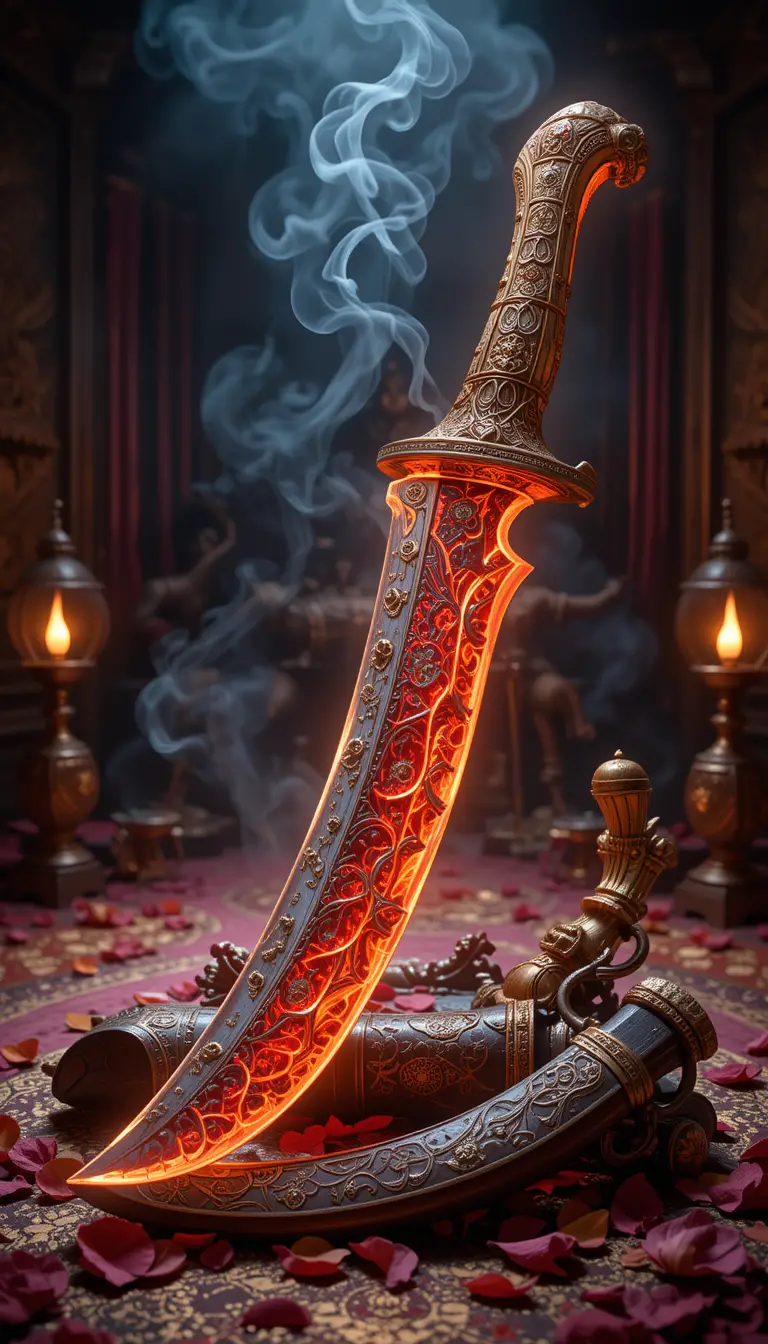 Intricate glowing keris dagger above ceremonial batik cloth