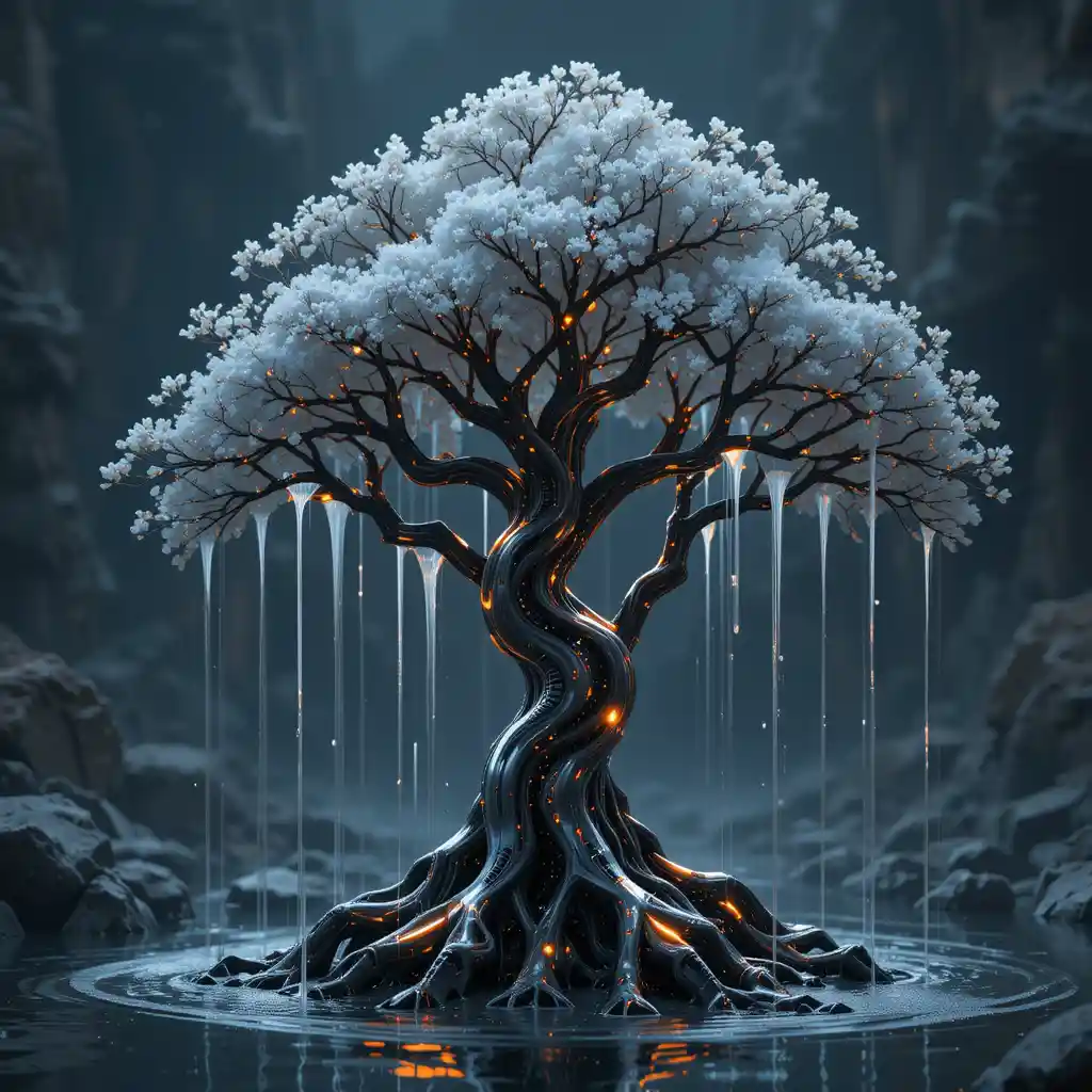 Futuristic Robotic Tree With Metallic Branches And Water
