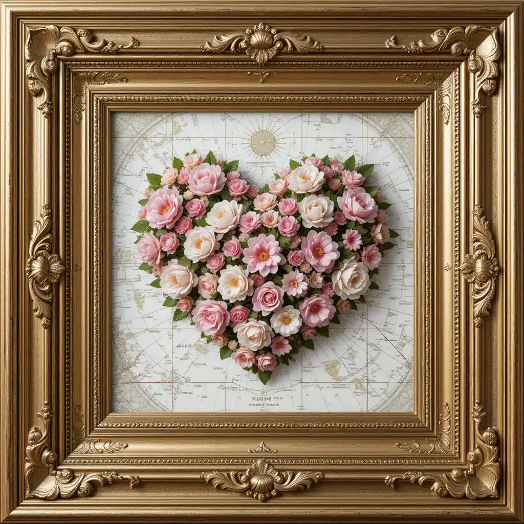 Floral heart artwork in ornate square gold frame