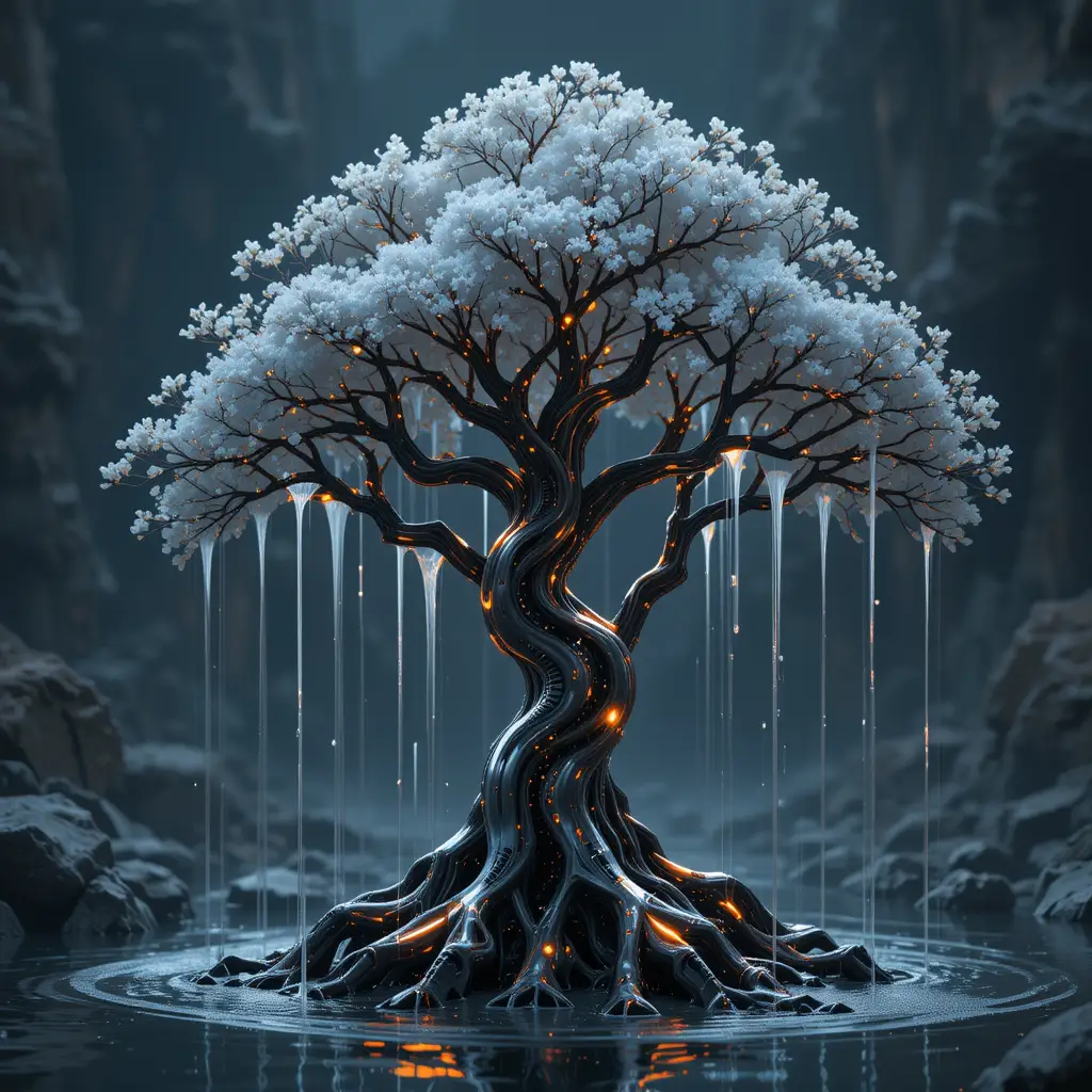 Futuristic Robotic Tree With Metallic Branches And Water