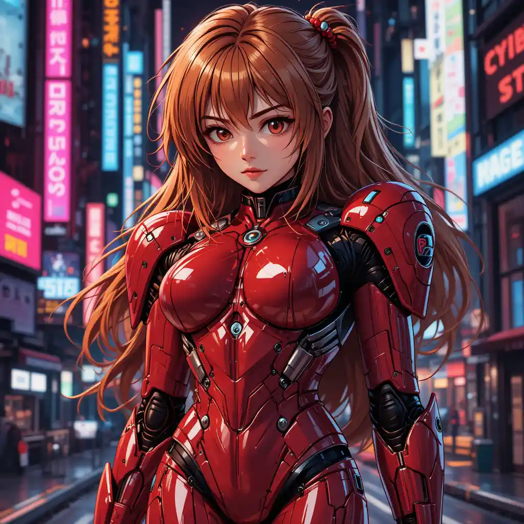 Full body woman in red sci fi suit in cyberpunk city