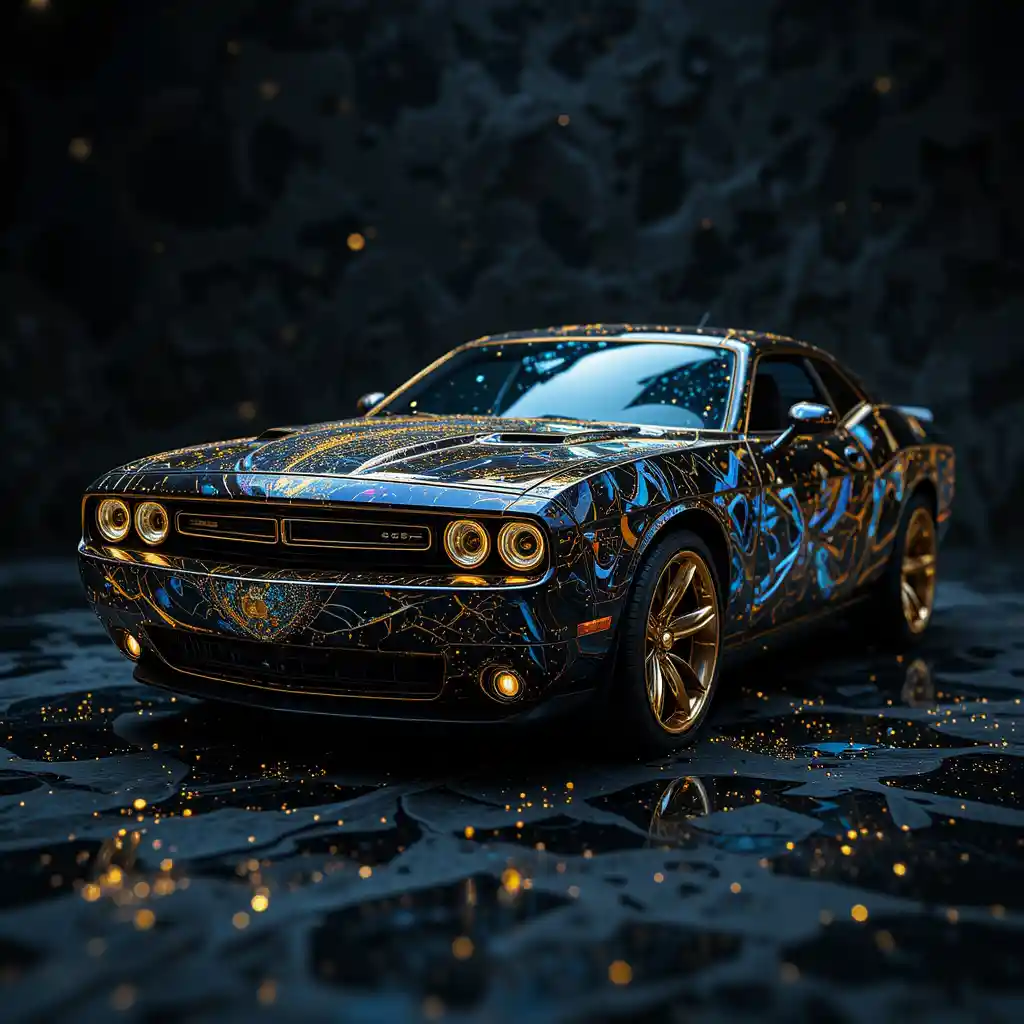 Opal Car Sculpture With Gold Detail In Dark Background