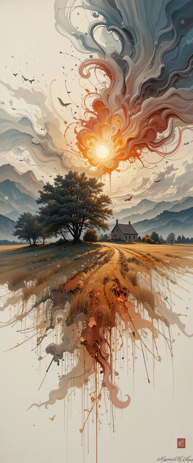 Rye field landscape with farmhouse at red sunset