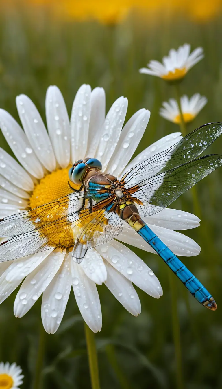Dragonfly Resting On Dewy Daisy In Wildflower Field