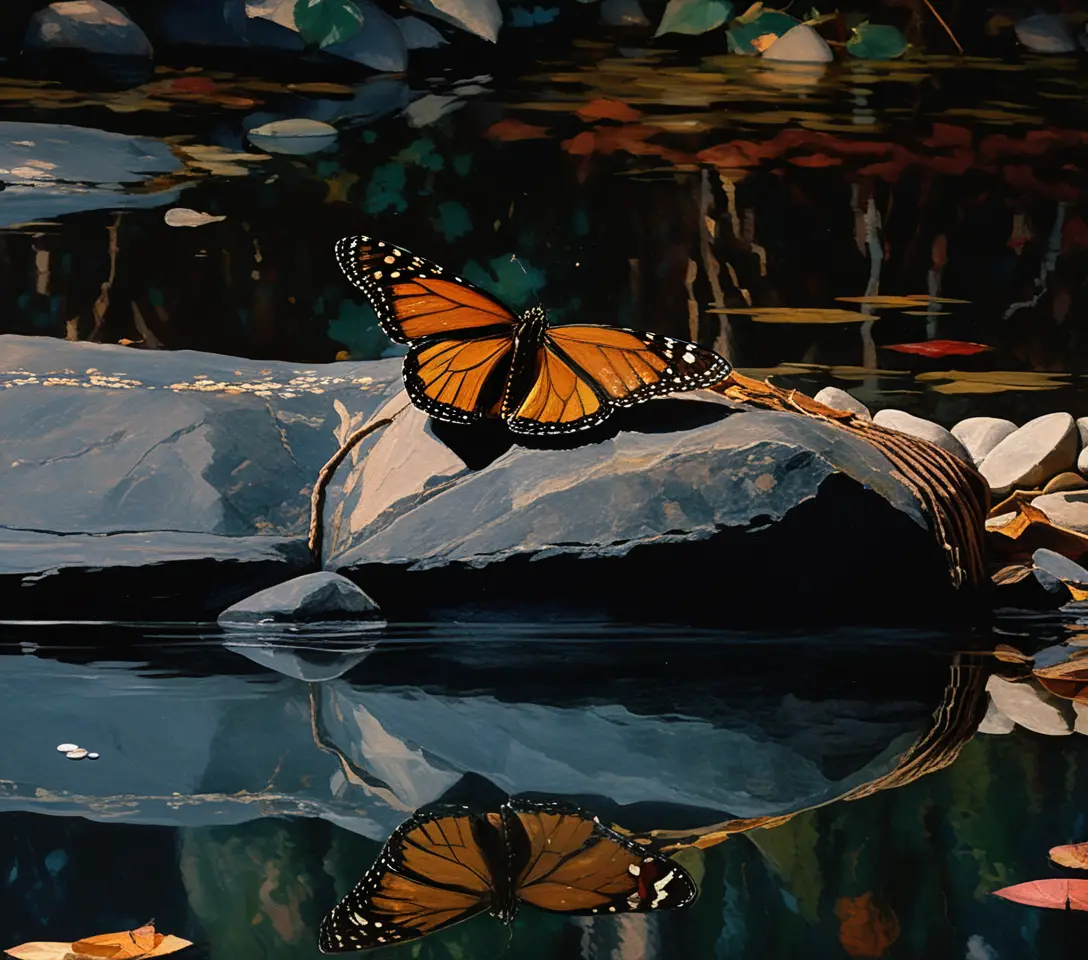 Monarch butterfly resting by calm reflective water