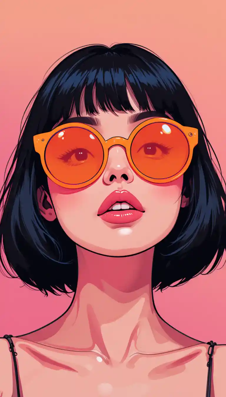 Stylized portrait with orange sunglasses on pink gradient background