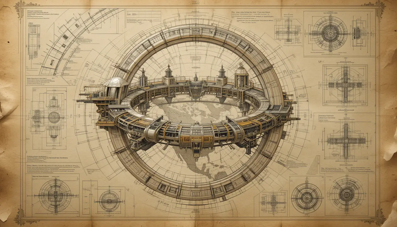 Technical drawing of a futuristic ring habitat around Earth
