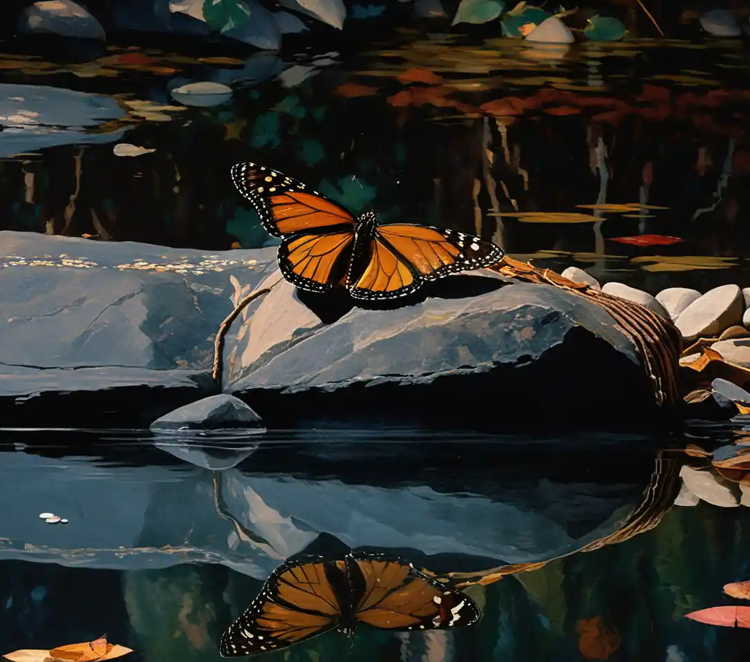 Monarch butterfly resting by calm reflective water