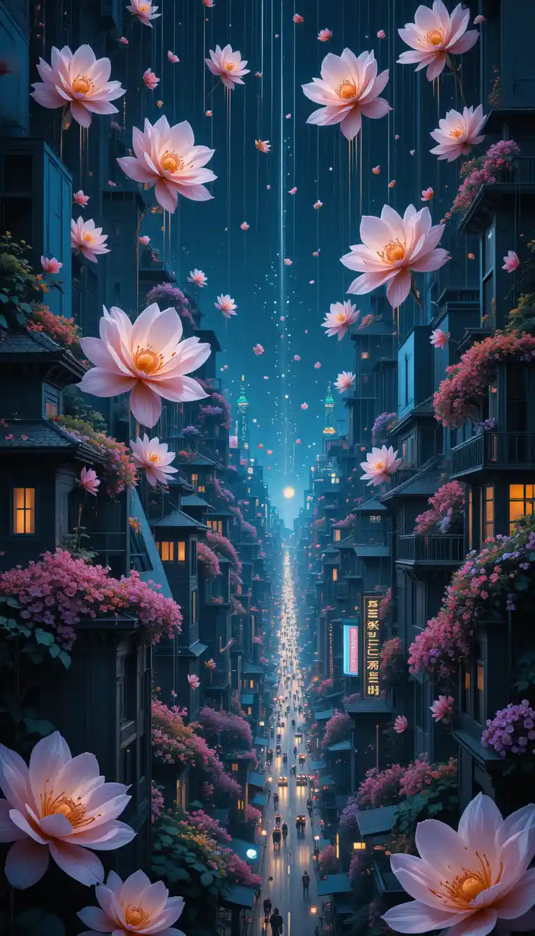 Surreal night cityscape with cascading luminous flowers