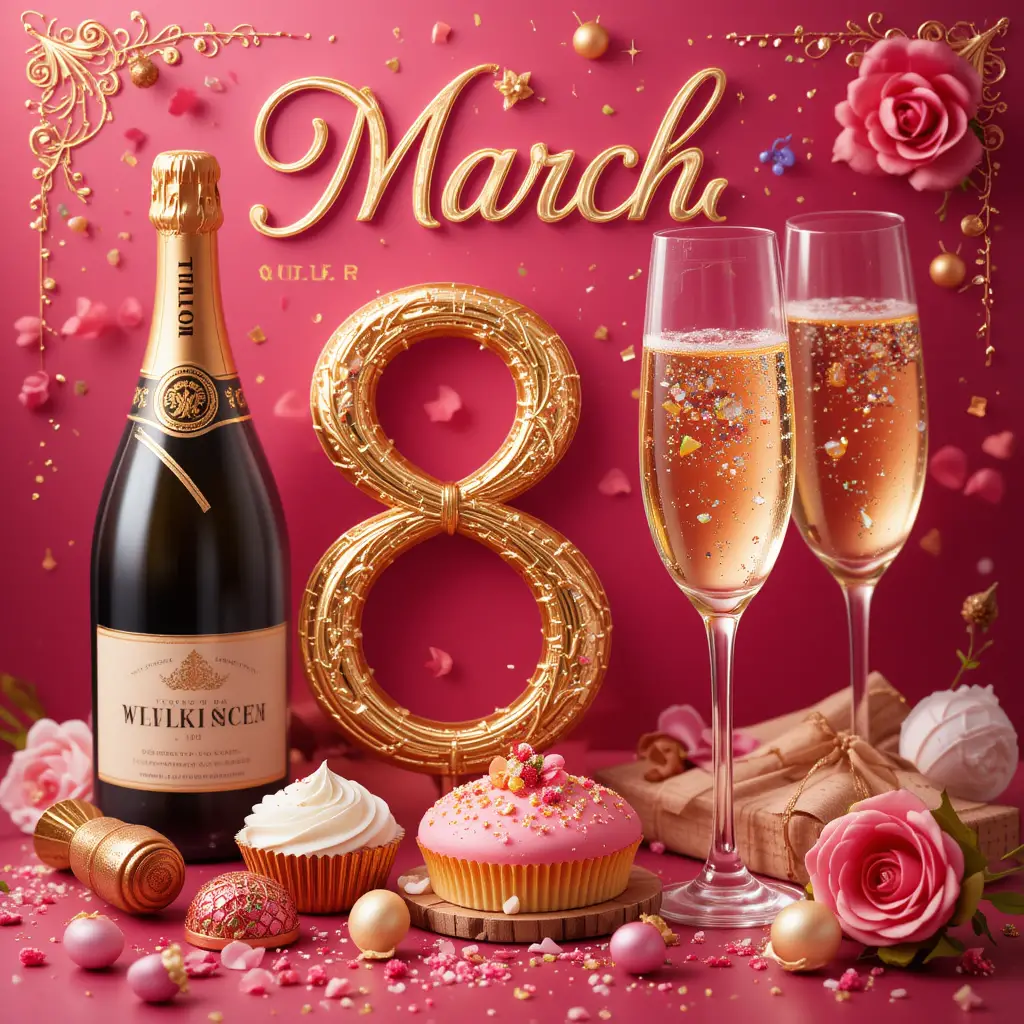 Colorful March 8 greeting card with champagne and sweets